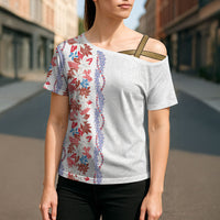 Monstera Tiare Plumeria Cross Shoulder Shirt Red Polynesian Pattern LT01 - Polynesian Pride