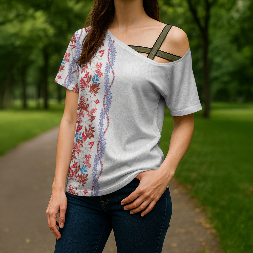Monstera Tiare Plumeria Cross Shoulder Shirt Red Polynesian Pattern LT01 - Polynesian Pride