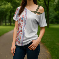 Monstera Tiare Plumeria Cross Shoulder Shirt Red Polynesian Pattern LT01 - Polynesian Pride