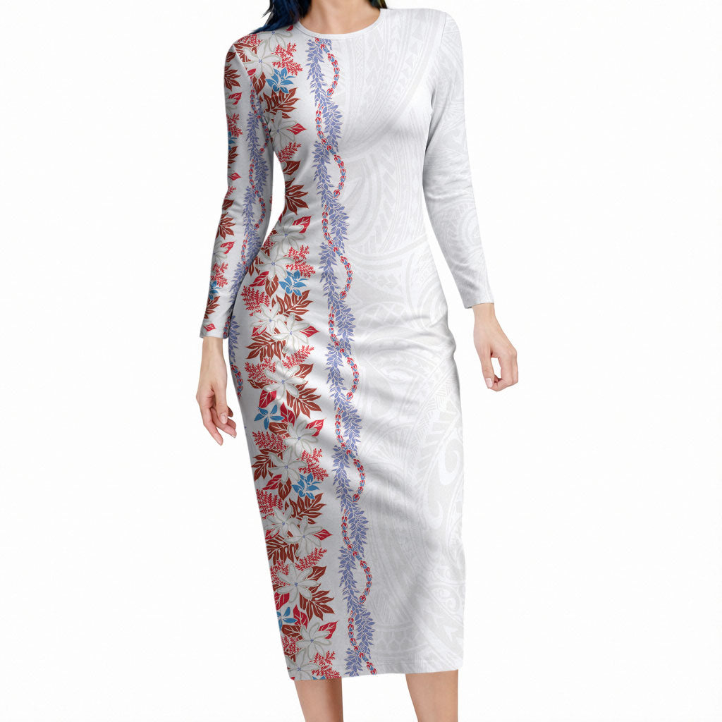 Monstera Tiare Plumeria Long Sleeve Bodycon Dress Red Polynesian Pattern LT01 Long Dress Red - Polynesian Pride