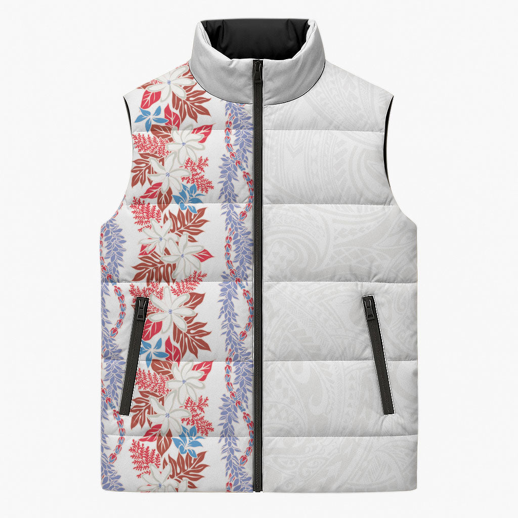 Monstera Tiare Plumeria Sleeveless Puffer Jacket Red Polynesian Pattern