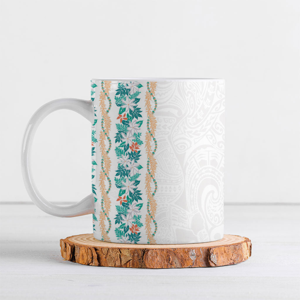 Monstera Tiare Plumeria Ceramic Mug Teal Polynesian Pattern