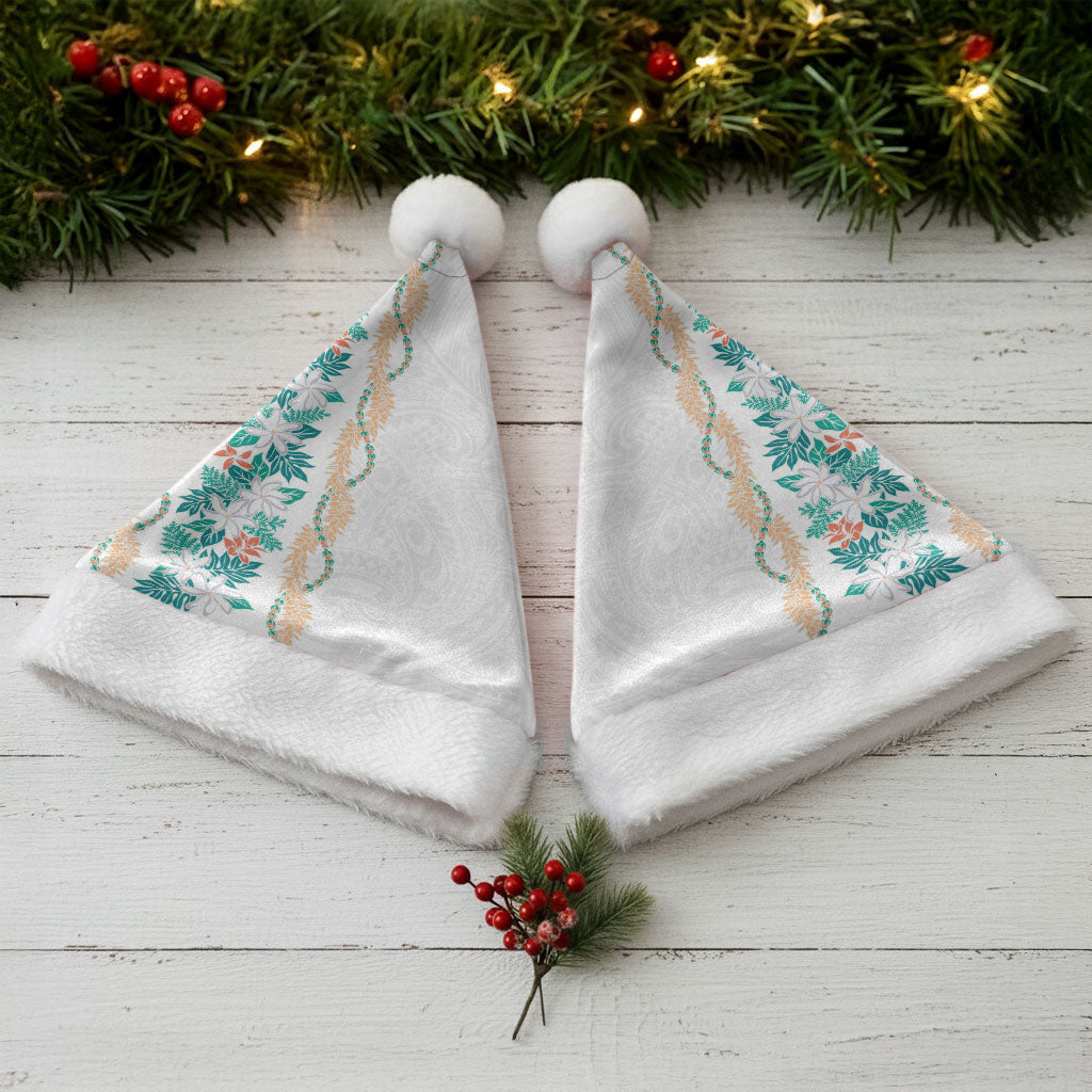 Monstera Tiare Plumeria Christmas Santa Hat Teal Polynesian Pattern