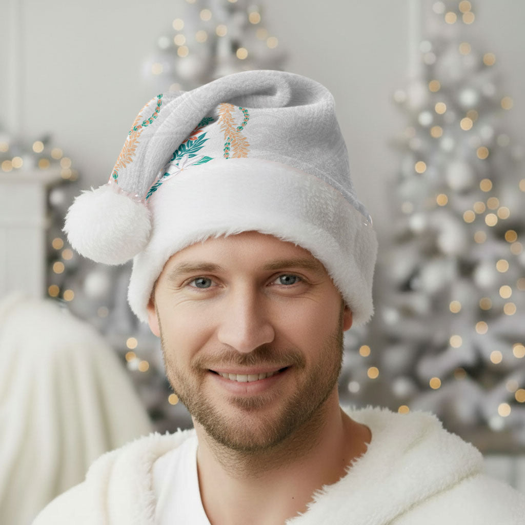 Monstera Tiare Plumeria Christmas Santa Hat Teal Polynesian Pattern