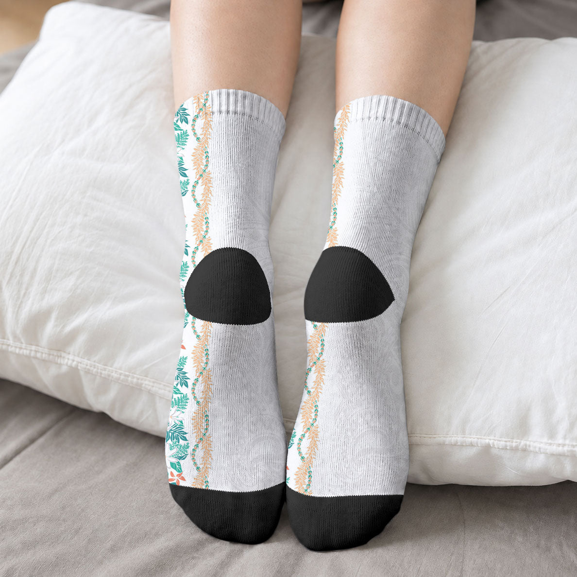 Monstera Tiare Plumeria Crew Socks Teal Polynesian Pattern LT01 - Polynesian Pride