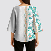 Monstera Tiare Plumeria Kimono Sleeve Blouse Teal Polynesian Pattern LT01 - Polynesian Pride