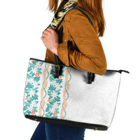 Monstera Tiare Plumeria Leather Tote Bag Teal Polynesian Pattern LT01 Teal - Polynesian Pride