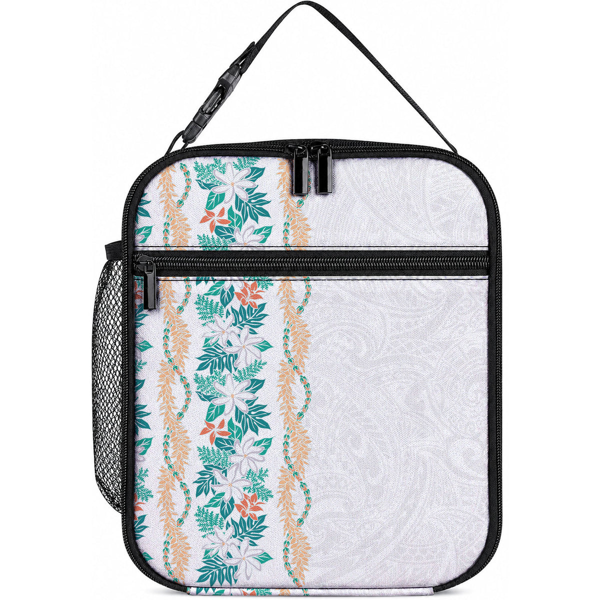 Monstera Tiare Plumeria Lunch Bag Teal Polynesian Pattern