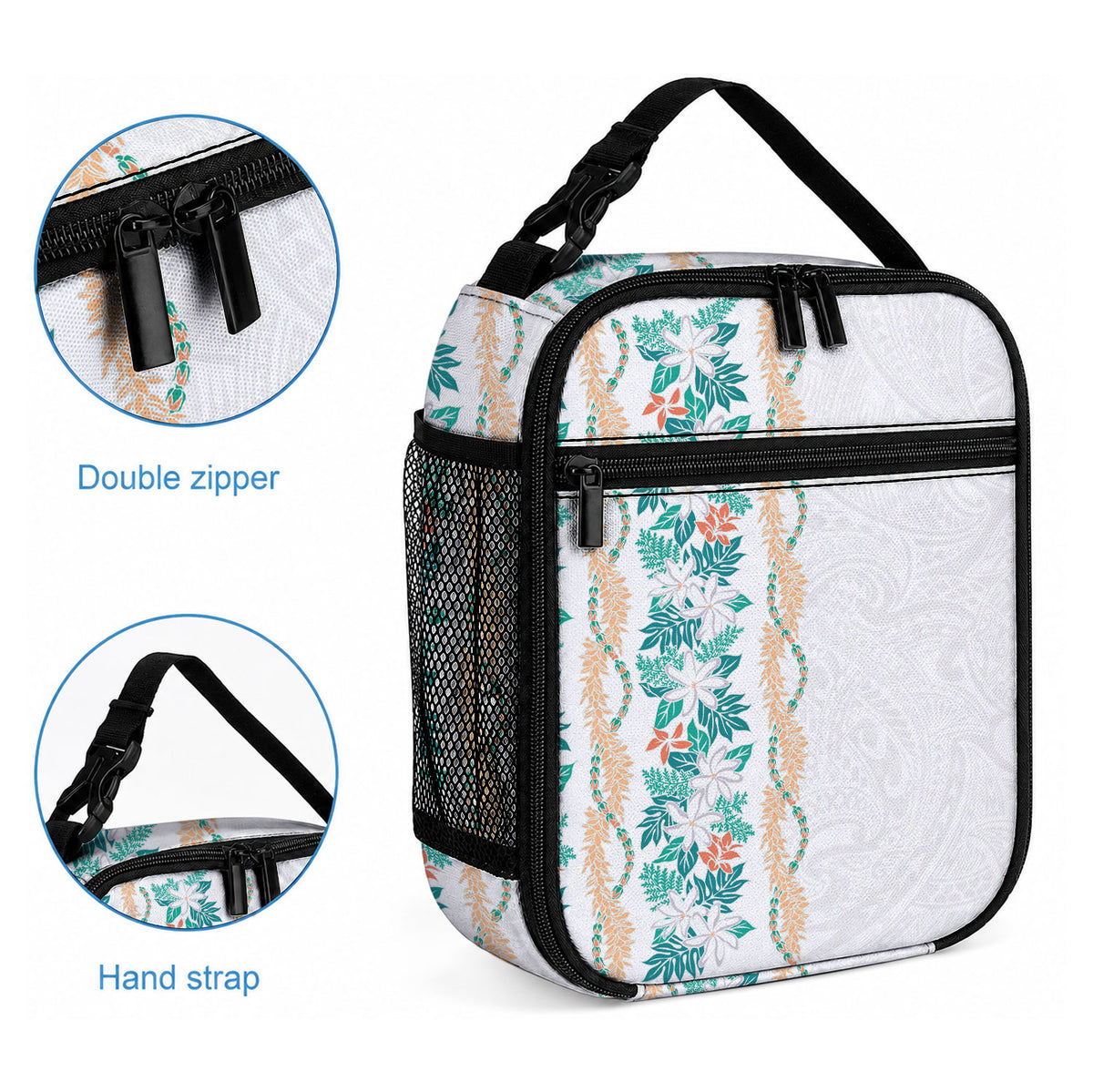 Monstera Tiare Plumeria Lunch Bag Teal Polynesian Pattern