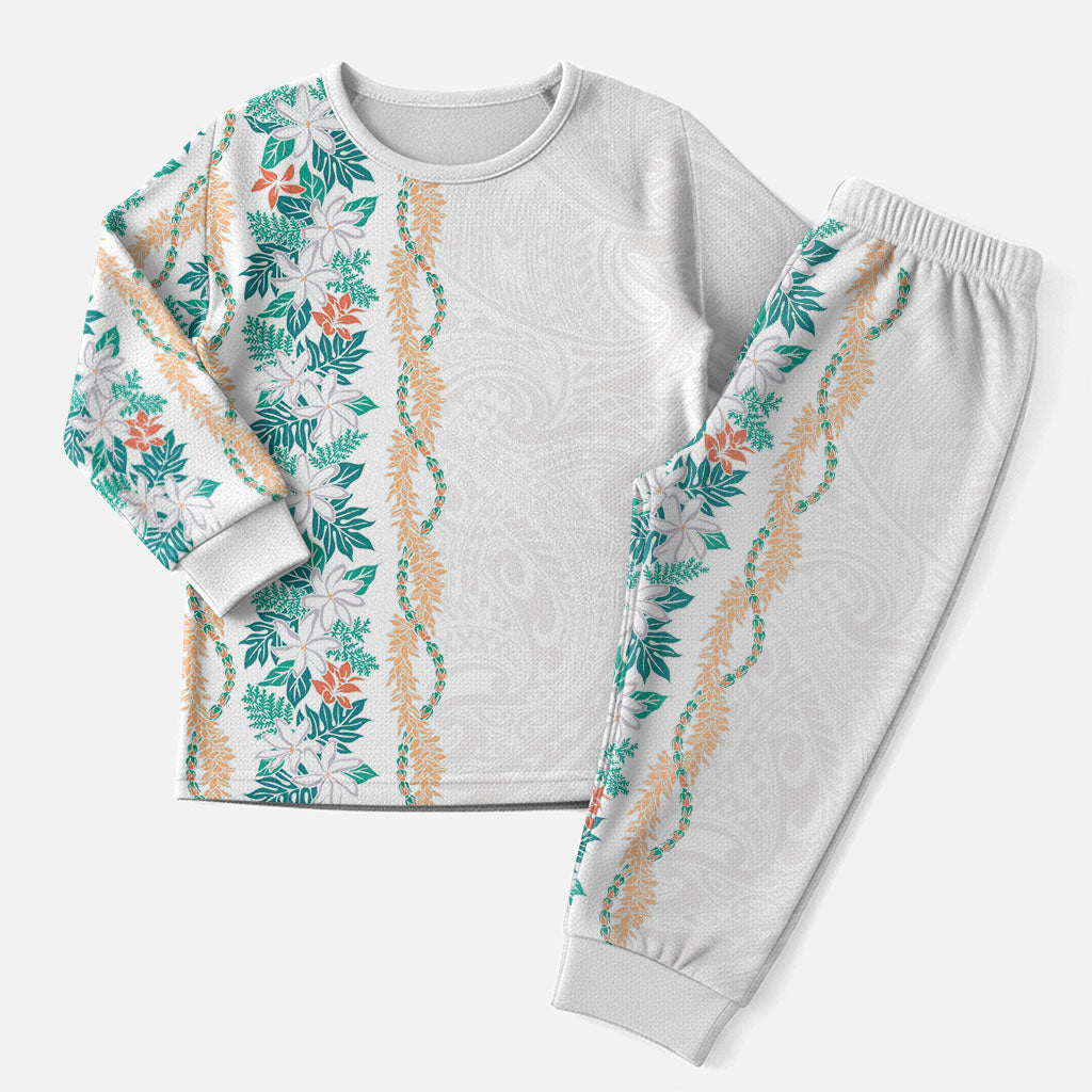 Monstera Tiare Plumeria Christmas Pajama Set Teal Polynesian Pattern