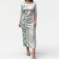 Monstera Tiare Plumeria Puletasi Teal Polynesian Pattern LT01 Long Dress Teal - Polynesian Pride