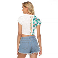 Monstera Tiare Plumeria Raglan Cropped T Shirt Teal Polynesian Pattern LT01 - Polynesian Pride