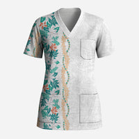 Monstera Tiare Plumeria Scrub Top Teal Polynesian Pattern LT01 Adult Teal - Polynesian Pride