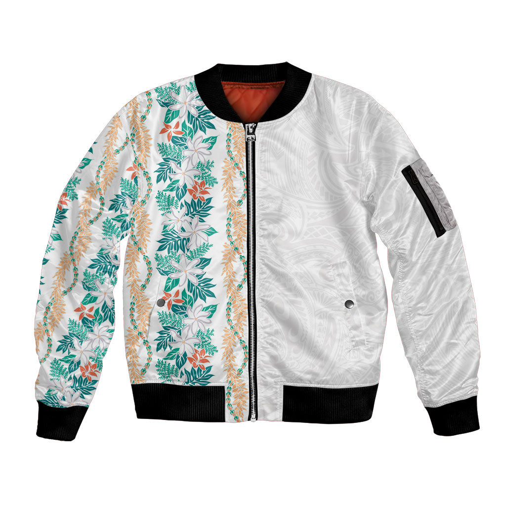 Monstera Tiare Plumeria Sleeve Zip Bomber Jacket Teal Polynesian Pattern LT01 Unisex Teal - Polynesian Pride