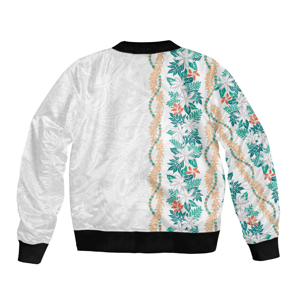 Monstera Tiare Plumeria Sleeve Zip Bomber Jacket Teal Polynesian Pattern LT01 - Polynesian Pride