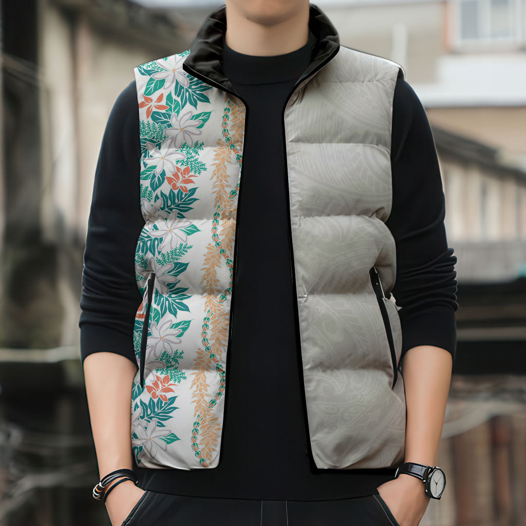 Monstera Tiare Plumeria Sleeveless Puffer Jacket Teal Polynesian Pattern LT01 - Polynesian Pride