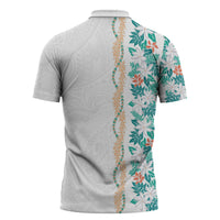 Monstera Tiare Plumeria Zipper Polo Shirt Teal Polynesian Pattern LT01 - Polynesian Pride