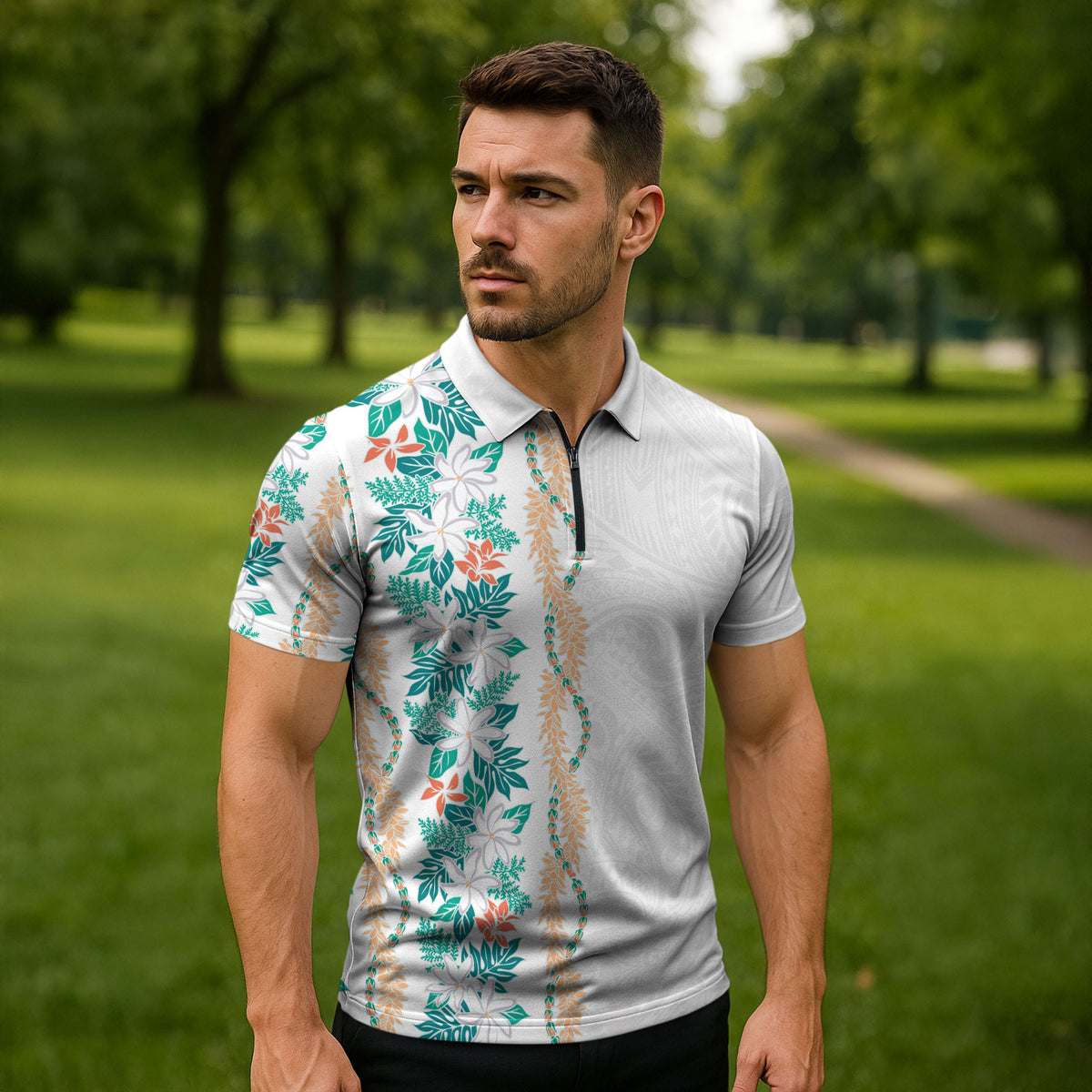 Monstera Tiare Plumeria Zipper Polo Shirt Teal Polynesian Pattern LT01 - Polynesian Pride