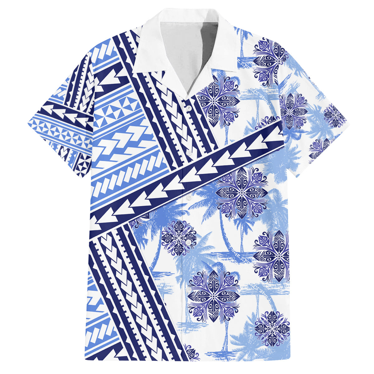 Hawaii Quilt Family Matching Off Shoulder Short Dress and Hawaiian Shirt Kakau Polynesian Pattern Blue Version LT01 Dad's Shirt - Short Sleeve Blue - Polynesian Pride