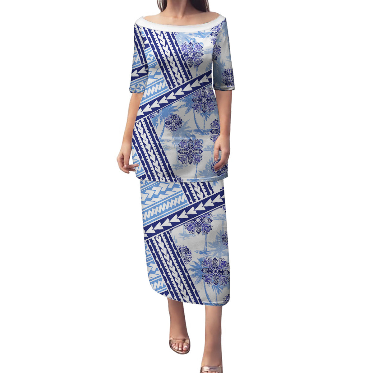 Hawaii Quilt Family Matching Puletasi Dress and Hawaiian Shirt Kakau Polynesian Pattern Blue Version LT01 Mom's Dress Blue - Polynesian Pride