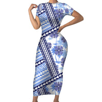Hawaii Quilt Family Matching Short Sleeve Bodycon Dress and Hawaiian Shirt Kakau Polynesian Pattern Blue Version LT01 Mom's Dress Blue - Polynesian Pride