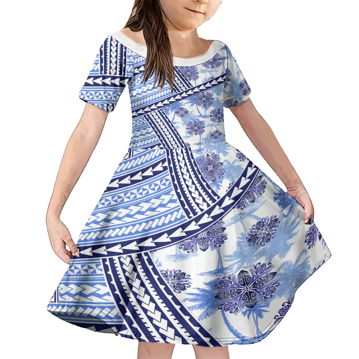 Hawaii Quilt Family Matching Summer Maxi Dress and Hawaiian Shirt Kakau Polynesian Pattern Blue Version LT01 Daughter's Dress Blue - Polynesian Pride
