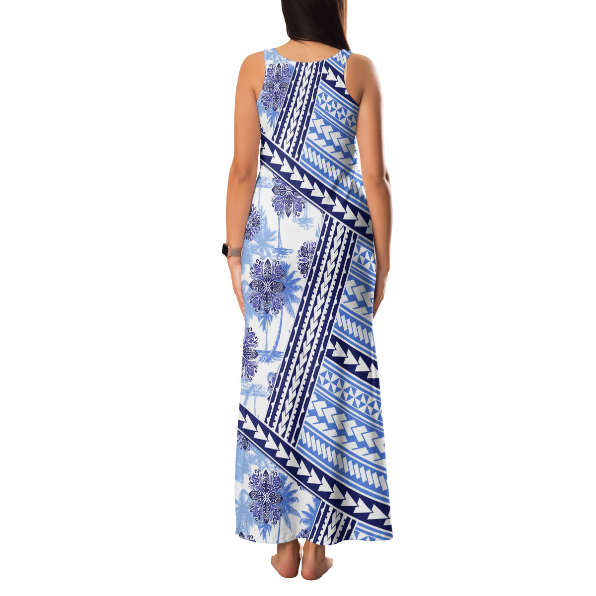 Hawaii Quilt Family Matching Tank Maxi Dress and Hawaiian Shirt Kakau Polynesian Pattern Blue Version LT01 - Polynesian Pride