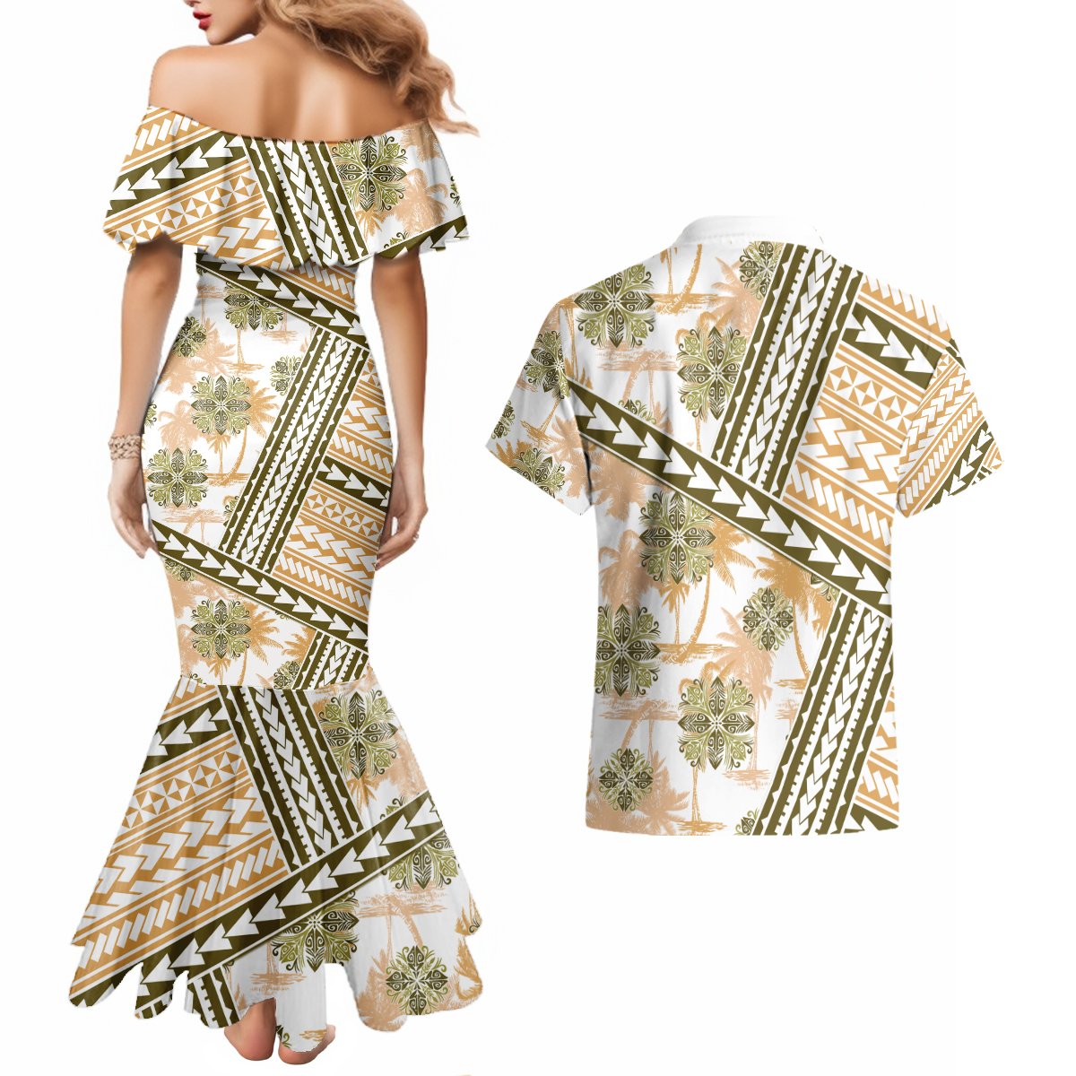 Hawaii Quilt Couples Matching Mermaid Dress and Hawaiian Shirt Kakau Polynesian Pattern Gold Version LT01 - Polynesian Pride