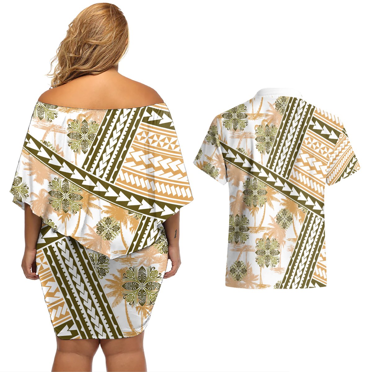 Hawaii Quilt Couples Matching Off Shoulder Short Dress and Hawaiian Shirt Kakau Polynesian Pattern Gold Version LT01 - Polynesian Pride