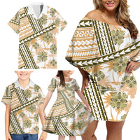 Hawaii Quilt Family Matching Off Shoulder Short Dress and Hawaiian Shirt Kakau Polynesian Pattern Gold Version LT01 - Polynesian Pride