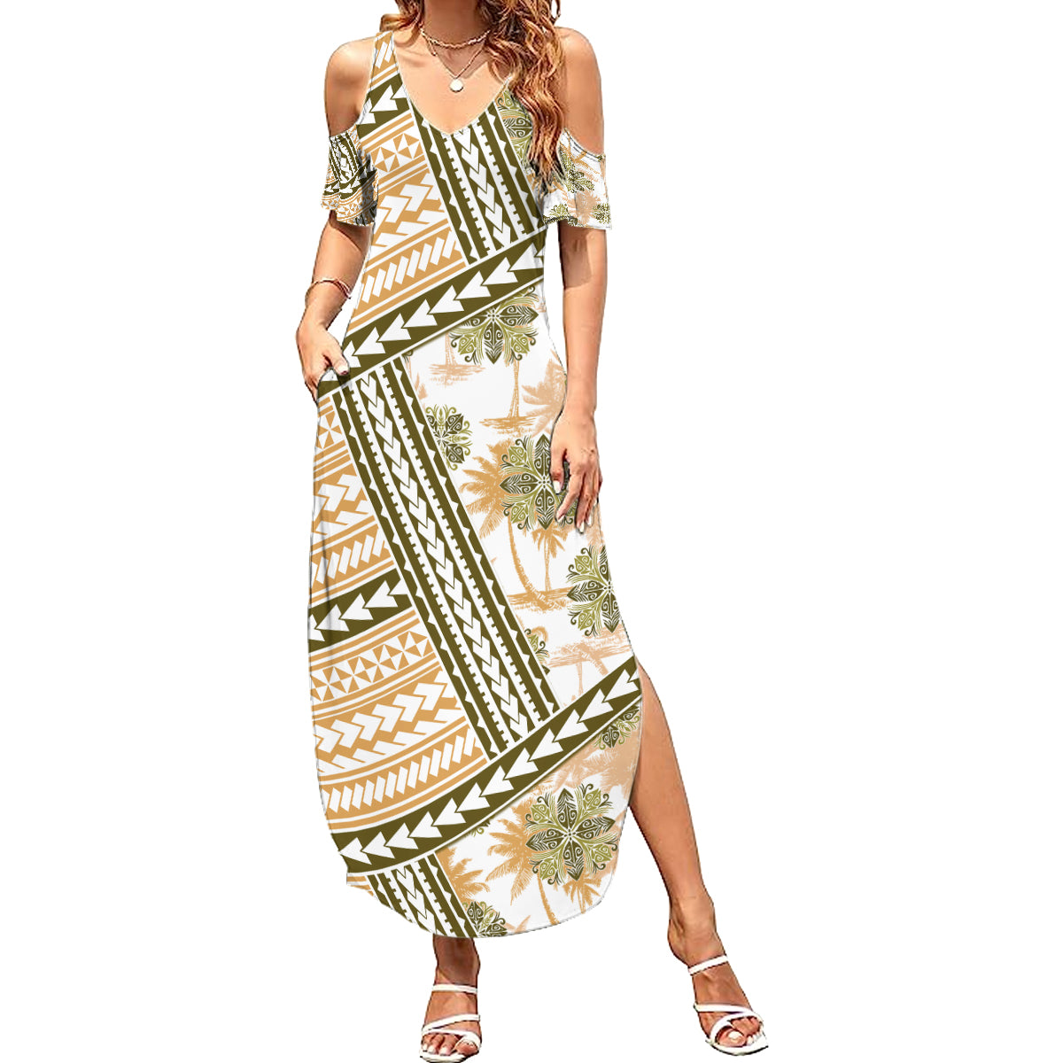 Hawaii Quilt Family Matching Summer Maxi Dress and Hawaiian Shirt Kakau Polynesian Pattern Gold Version LT01 Mom's Dress Gold - Polynesian Pride