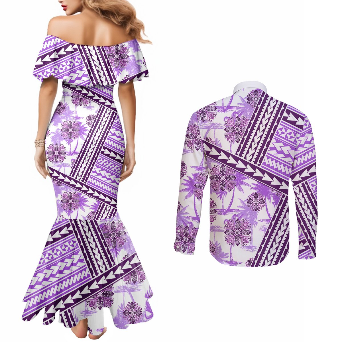 Hawaii Quilt Couples Matching Mermaid Dress and Long Sleeve Button Shirt Kakau Polynesian Pattern Lilac Version LT01 - Polynesian Pride