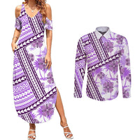 Hawaii Quilt Couples Matching Summer Maxi Dress and Long Sleeve Button Shirt Kakau Polynesian Pattern Lilac Version LT01 Purple - Polynesian Pride