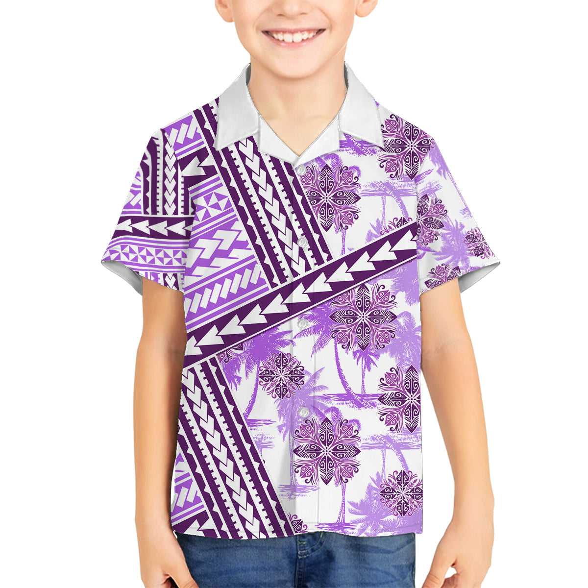 Hawaii Quilt Family Matching Off Shoulder Maxi Dress and Hawaiian Shirt Kakau Polynesian Pattern Lilac Version LT01 Son's Shirt Purple - Polynesian Pride