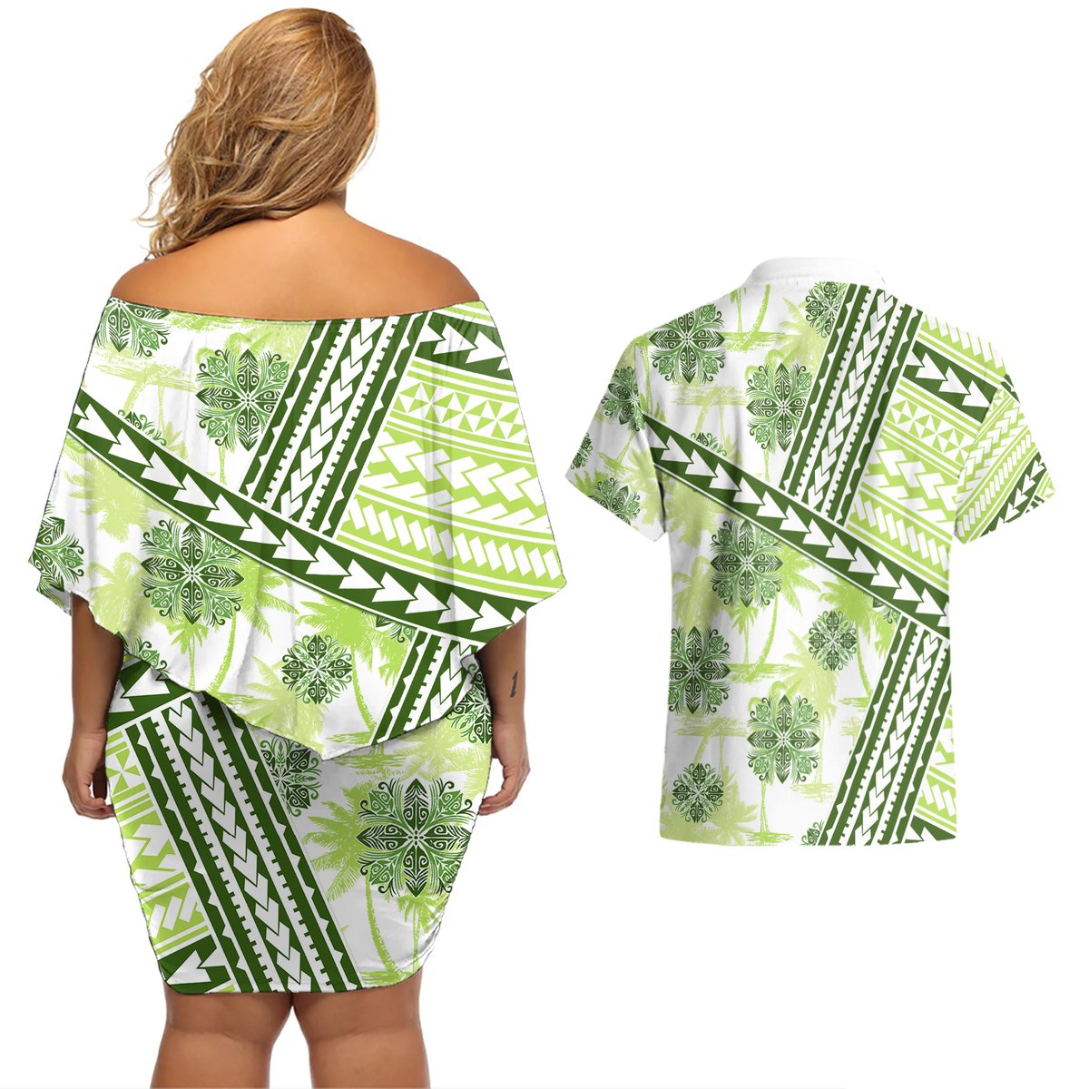 Hawaii Quilt Couples Matching Off Shoulder Short Dress and Hawaiian Shirt Kakau Polynesian Pattern Olive Green Version LT01 - Polynesian Pride