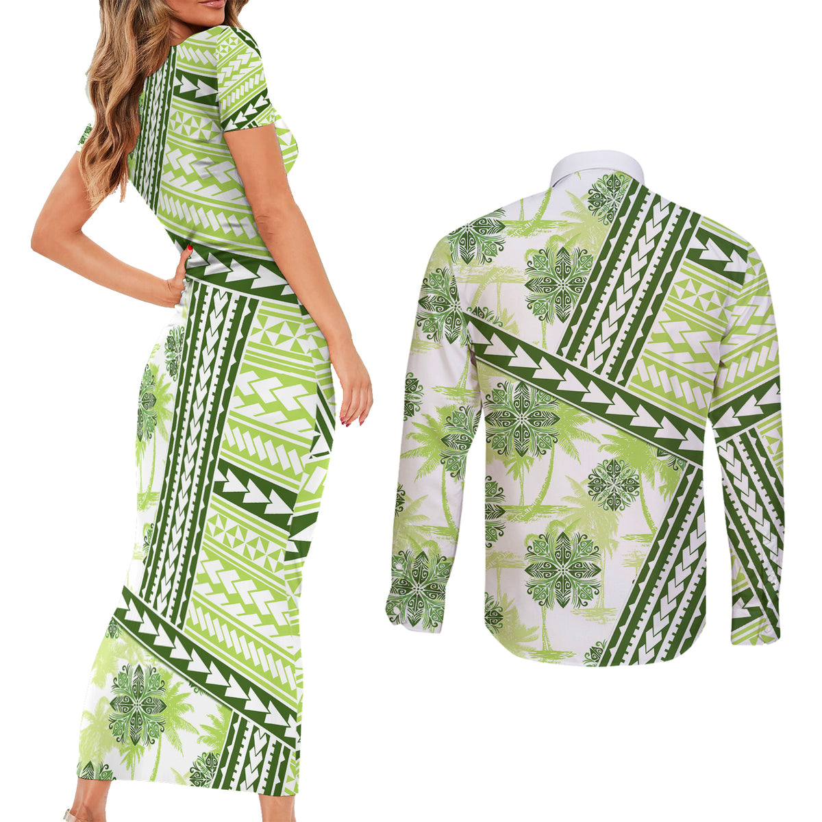 Hawaii Quilt Couples Matching Short Sleeve Bodycon Dress and Long Sleeve Button Shirt Kakau Polynesian Pattern Olive Green Version LT01 - Polynesian Pride