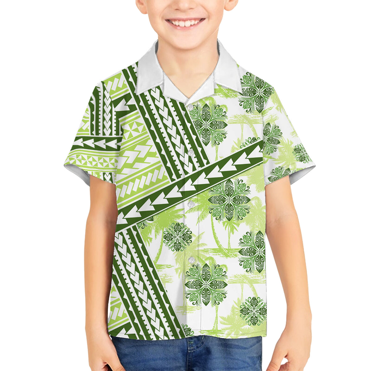 Hawaii Quilt Family Matching Puletasi Dress and Hawaiian Shirt Kakau Polynesian Pattern Olive Green Version LT01 Son's Shirt Green - Polynesian Pride