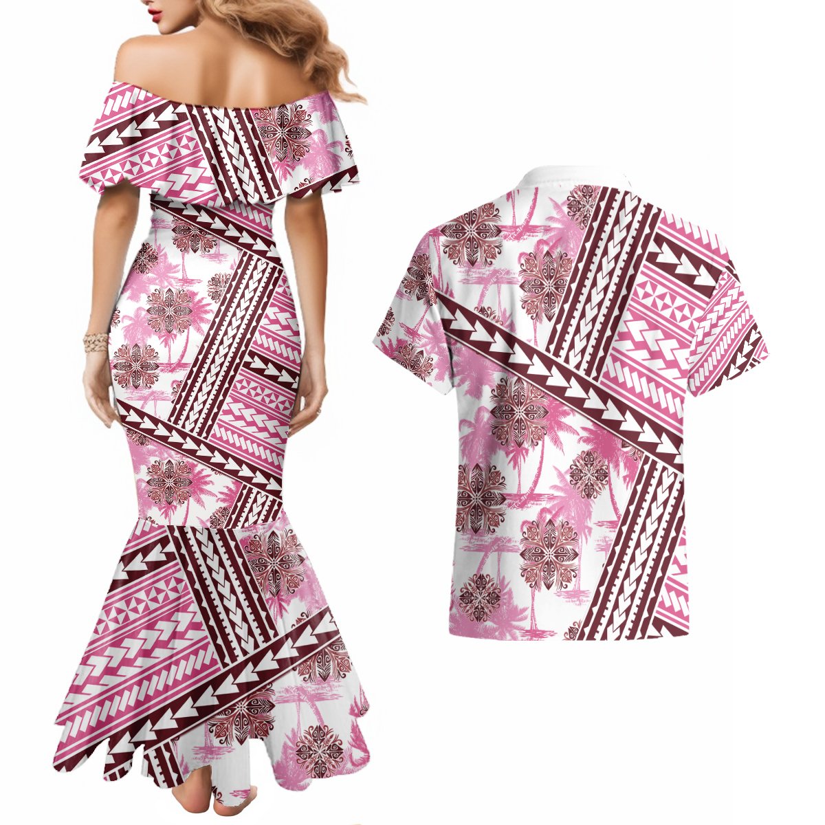 Hawaii Quilt Couples Matching Mermaid Dress and Hawaiian Shirt Kakau Polynesian Pattern Mauve Pink Version LT01 - Polynesian Pride