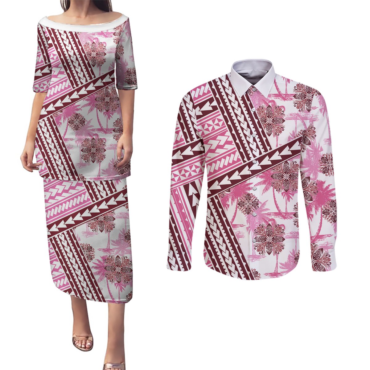 Hawaii Quilt Couples Matching Puletasi Dress and Long Sleeve Button Shirt Kakau Polynesian Pattern Mauve Pink Version LT01 Pink - Polynesian Pride