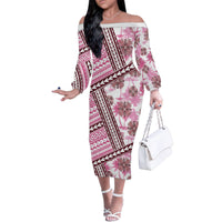 Hawaii Quilt Family Matching Off Shoulder Long Sleeve Dress and Hawaiian Shirt Kakau Polynesian Pattern Mauve Pink Version LT01 Mom's Dress Pink - Polynesian Pride