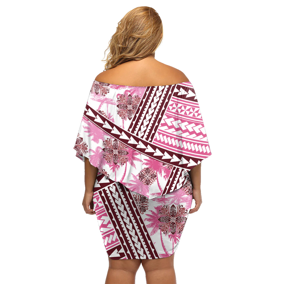 Hawaii Quilt Family Matching Off Shoulder Short Dress and Hawaiian Shirt Kakau Polynesian Pattern Mauve Pink Version LT01 - Polynesian Pride