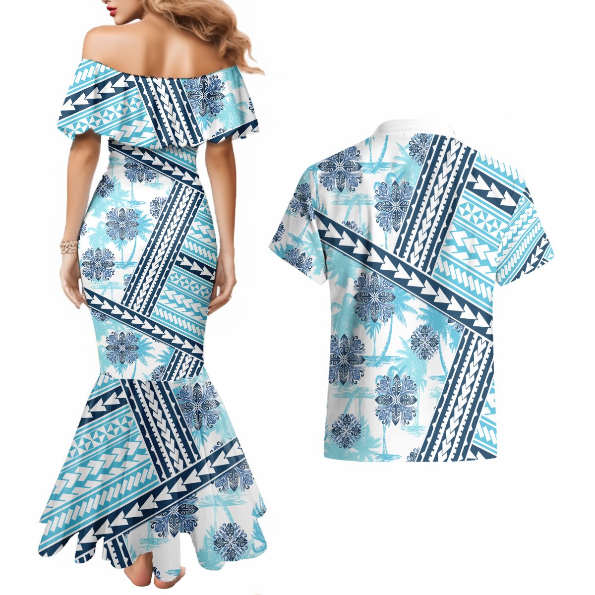 Hawaii Quilt Couples Matching Mermaid Dress and Hawaiian Shirt Kakau Polynesian Pattern Sky Blue Version LT01 - Polynesian Pride