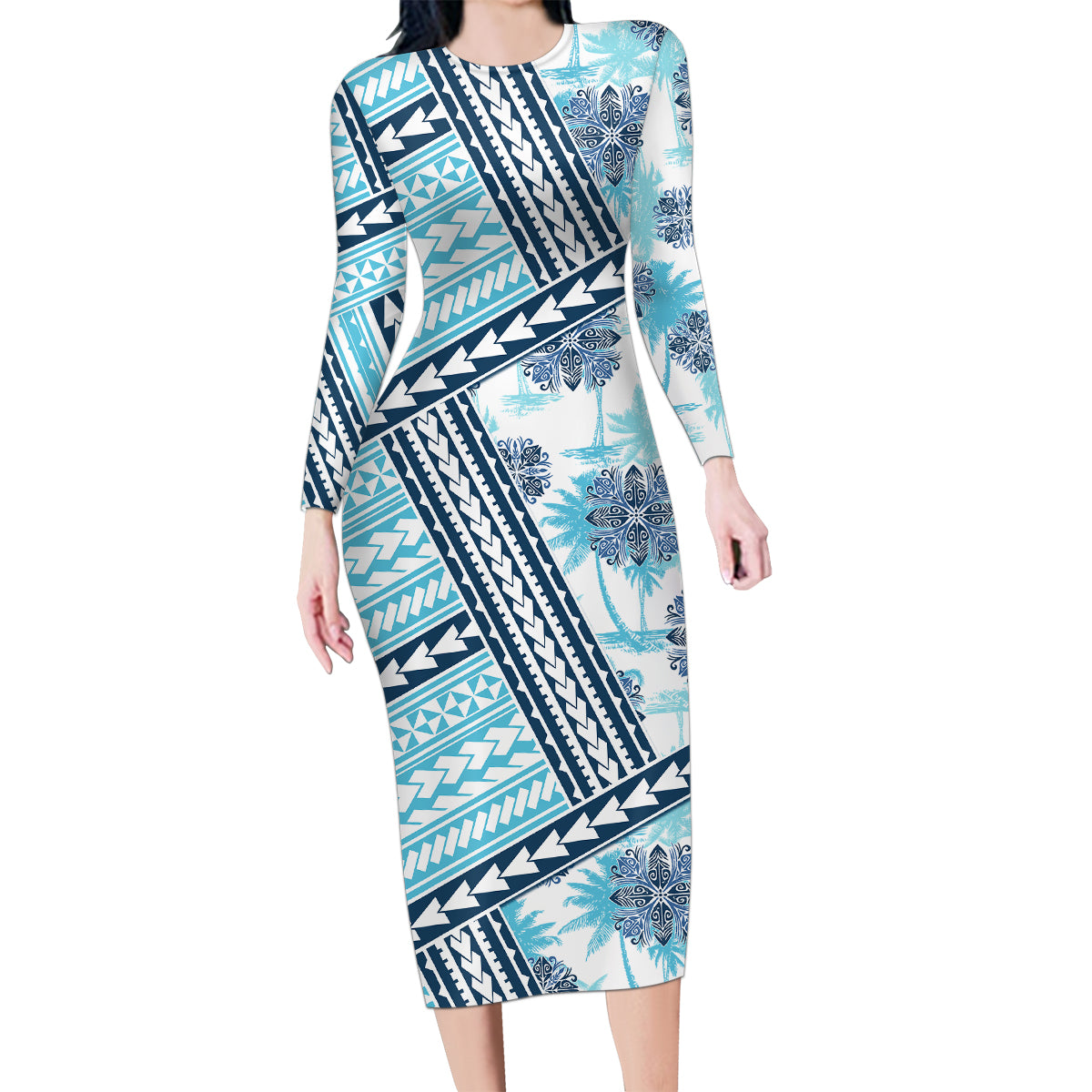 Hawaii Quilt Family Matching Long Sleeve Bodycon Dress and Hawaiian Shirt Kakau Polynesian Pattern Sky Blue Version LT01 Mom's Dress Blue - Polynesian Pride