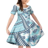 Hawaii Quilt Family Matching Off Shoulder Long Sleeve Dress and Hawaiian Shirt Kakau Polynesian Pattern Sky Blue Version LT01 Daughter's Dress Blue - Polynesian Pride