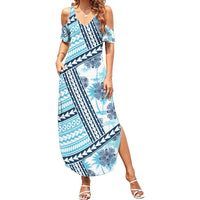 Hawaii Quilt Family Matching Summer Maxi Dress and Hawaiian Shirt Kakau Polynesian Pattern Sky Blue Version LT01 Mom's Dress Blue - Polynesian Pride