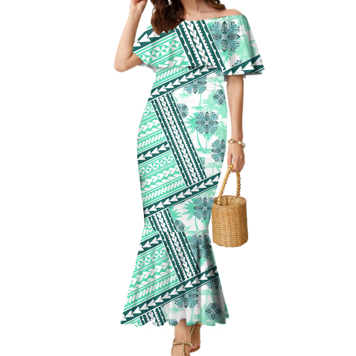 Hawaii Quilt Family Matching Mermaid Dress and Hawaiian Shirt Kakau Polynesian Pattern Teal Version LT01 Mom's Dress Teal - Polynesian Pride