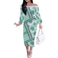 Hawaii Quilt Family Matching Off Shoulder Long Sleeve Dress and Hawaiian Shirt Kakau Polynesian Pattern Teal Version LT01 Mom's Dress Teal - Polynesian Pride