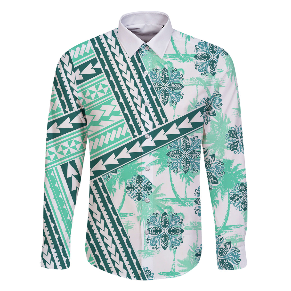 Hawaii Quilt Family Matching Off Shoulder Short Dress and Hawaiian Shirt Kakau Polynesian Pattern Teal Version LT01 Dad's Shirt - Long Sleeve Teal - Polynesian Pride