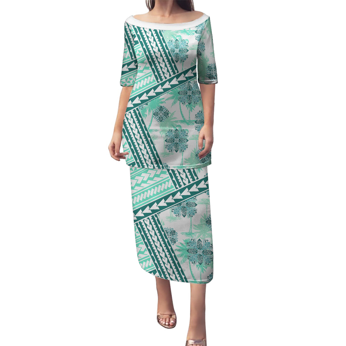 Hawaii Quilt Family Matching Puletasi Dress and Hawaiian Shirt Kakau Polynesian Pattern Teal Version LT01 Mom's Dress Teal - Polynesian Pride