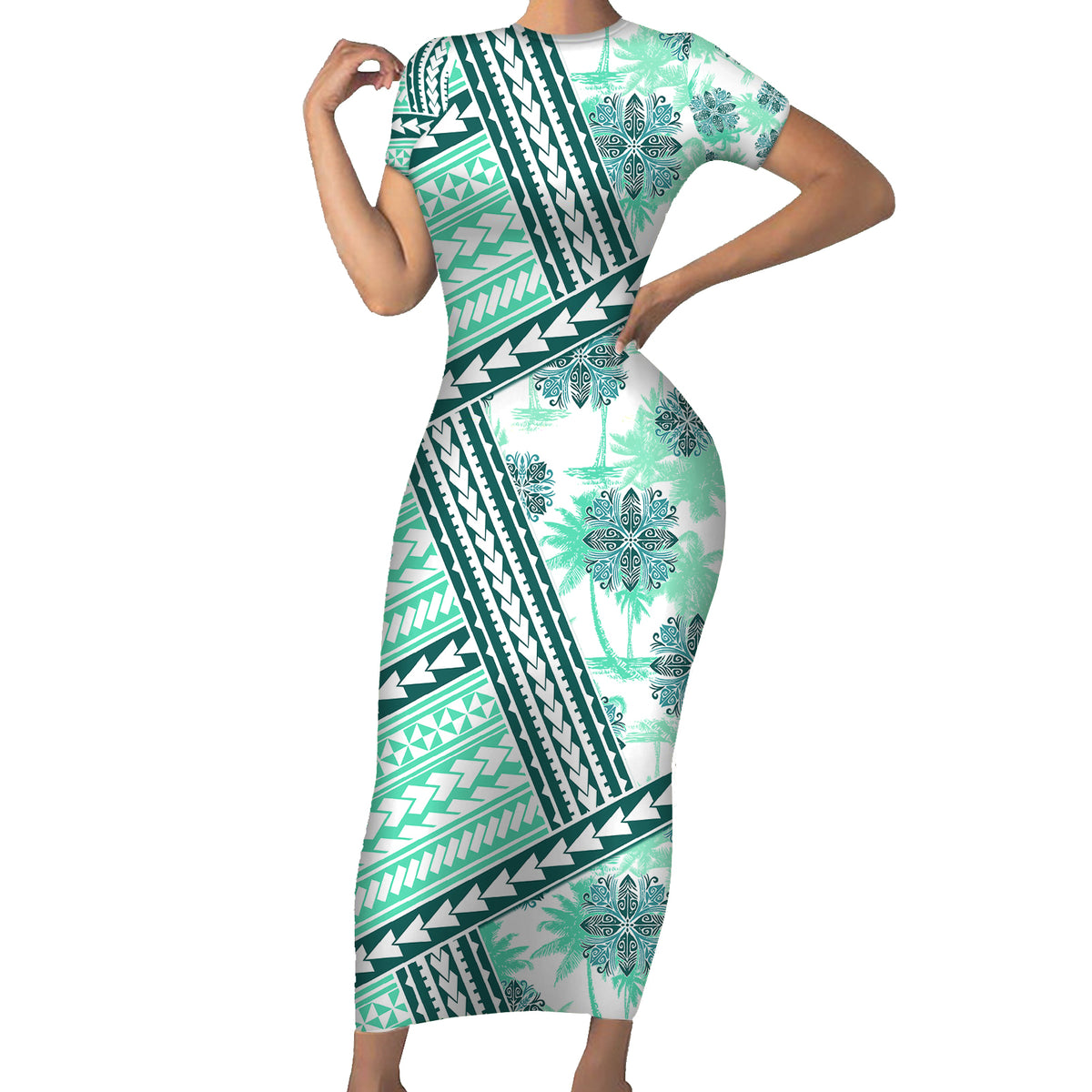 Hawaii Quilt Family Matching Short Sleeve Bodycon Dress and Hawaiian Shirt Kakau Polynesian Pattern Teal Version LT01 Mom's Dress Teal - Polynesian Pride